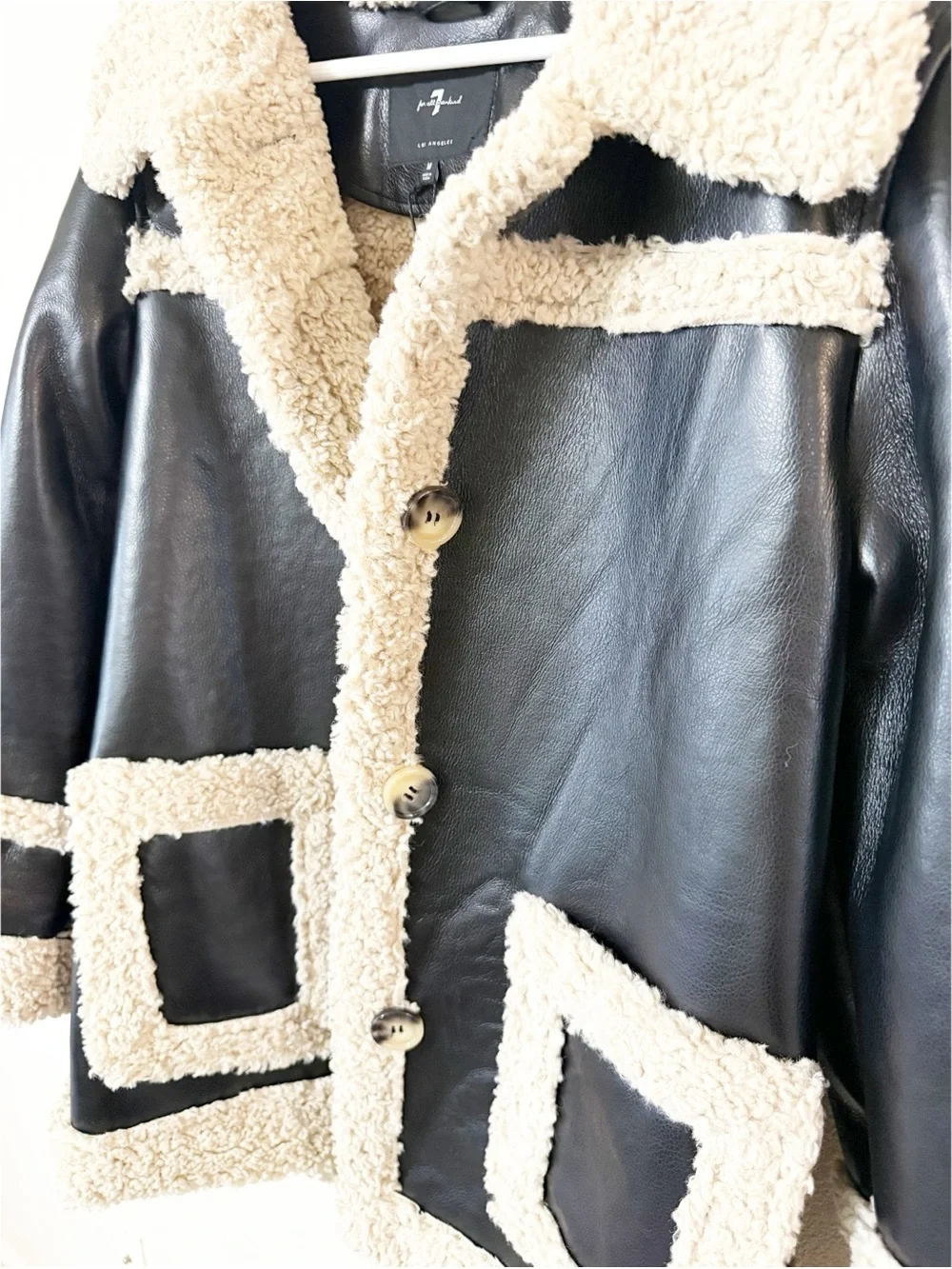 7 For All Mankind Faux Shearling Black Cream Faux Leather Longline Jacket NEW - Picture 9 of 11